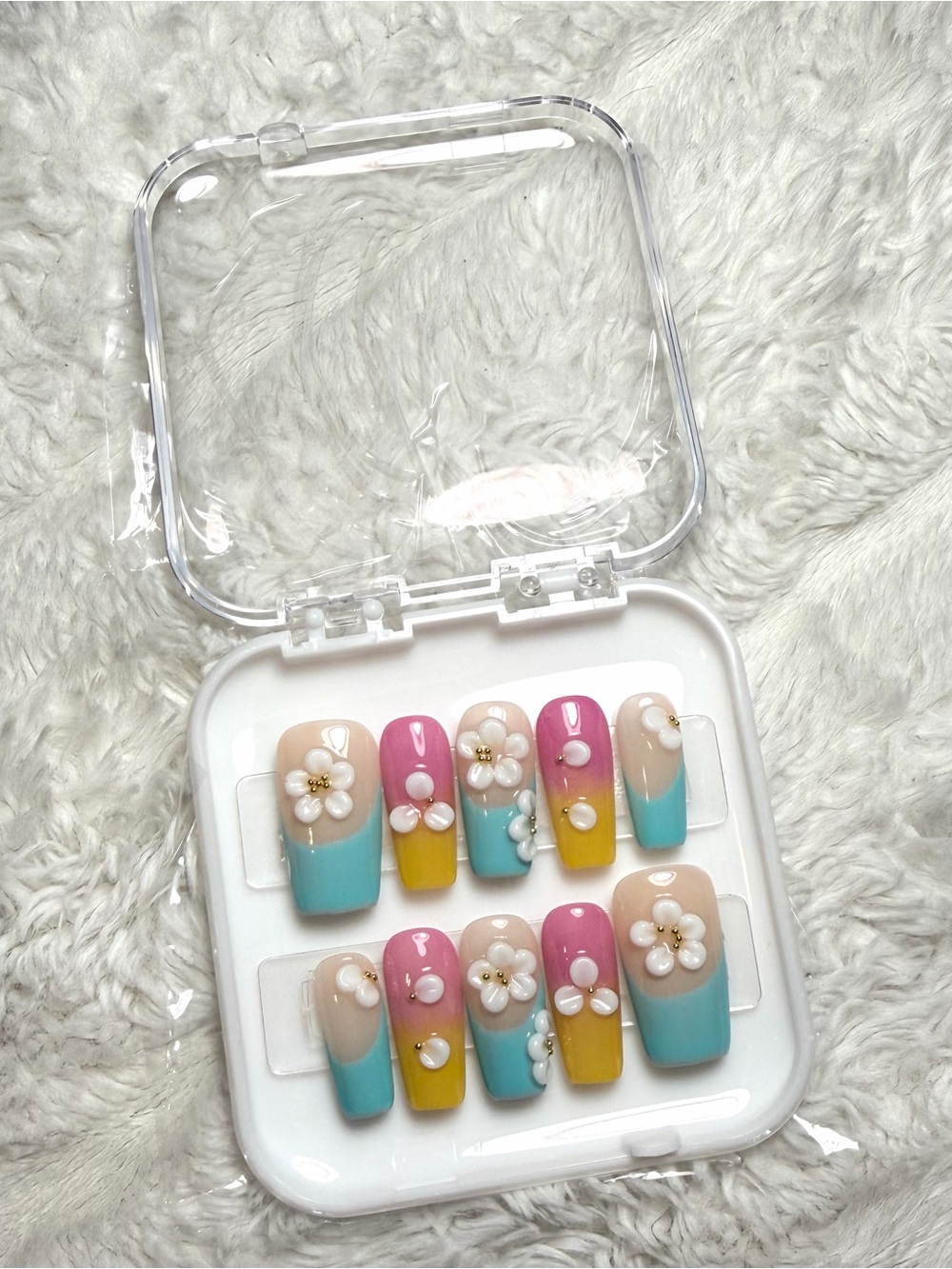 LARGE Pastel Floral 3D Press-On Nail Set - Pink, Yellow & Teal
